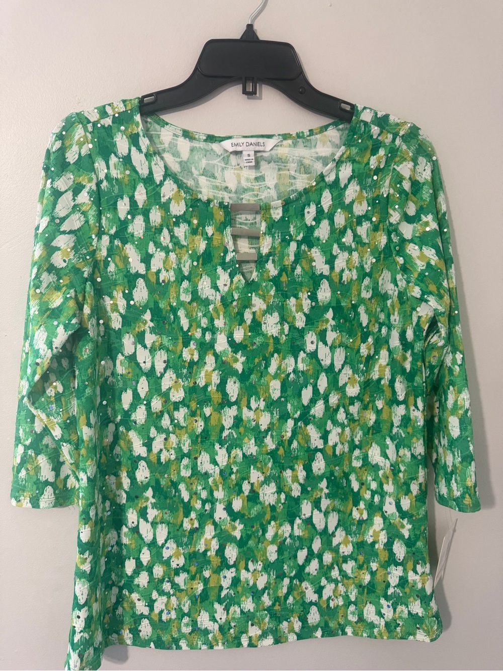 Emily Daniel's Green Silver sequins Bar trim Abstract Print 3/4 sleeve NWT S